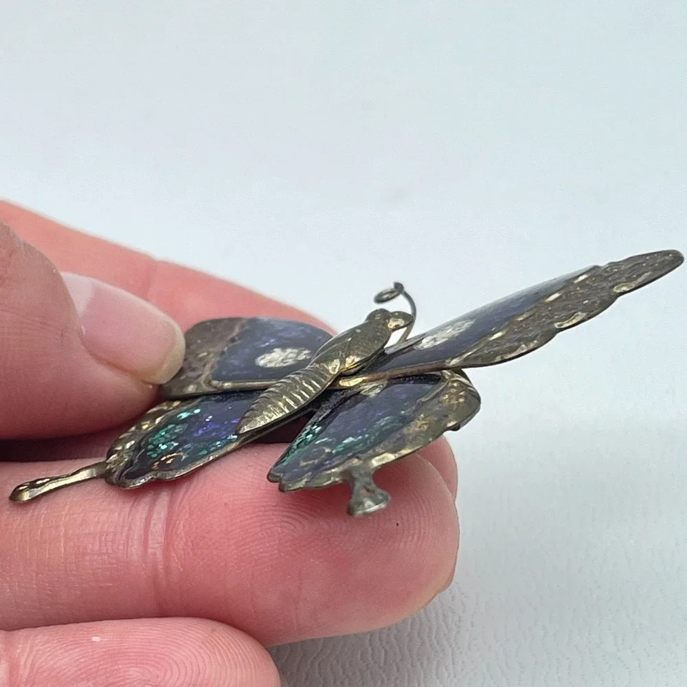 Vintage Gold-Tone Multicolor Patina Dye Enamel Blue Glitter Butterfly Brooch Pin